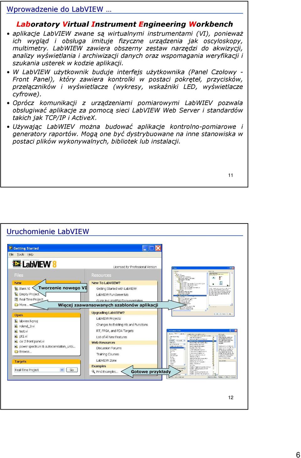 W LabVIEW użytkownik buduje interfejs użytkownika (Panel Czołowy - Front Panel), który zawiera kontrolki w postaci pokręteł, przycisków, przełączników i wyświetlacze (wykresy, wskaźniki LED,