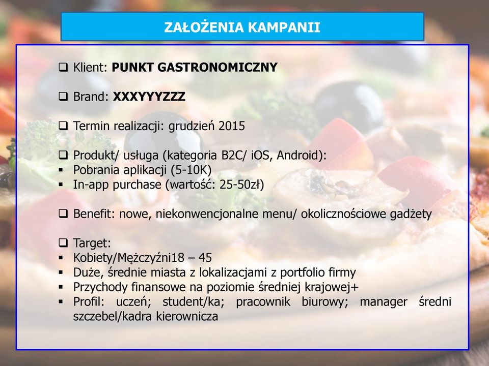 niekonwencjonalne menu/ okolicznościowe gadżety Target: Kobiety/Mężczyźni18 45 Duże, średnie miasta z lokalizacjami z