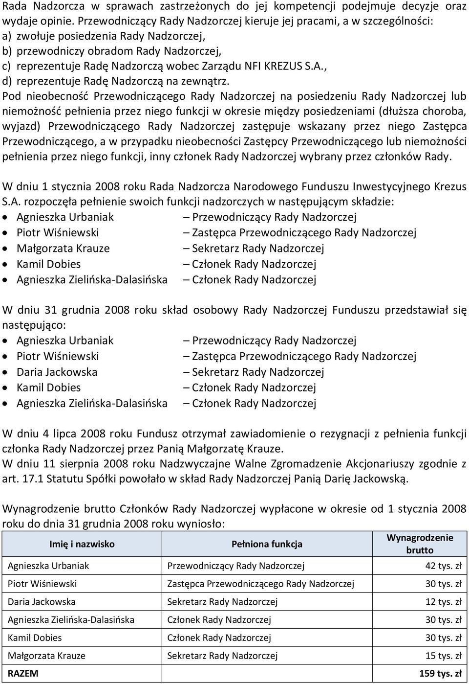 NFI KREZUS S.A., d) reprezentuje Radę Nadzorczą na zewnątrz.