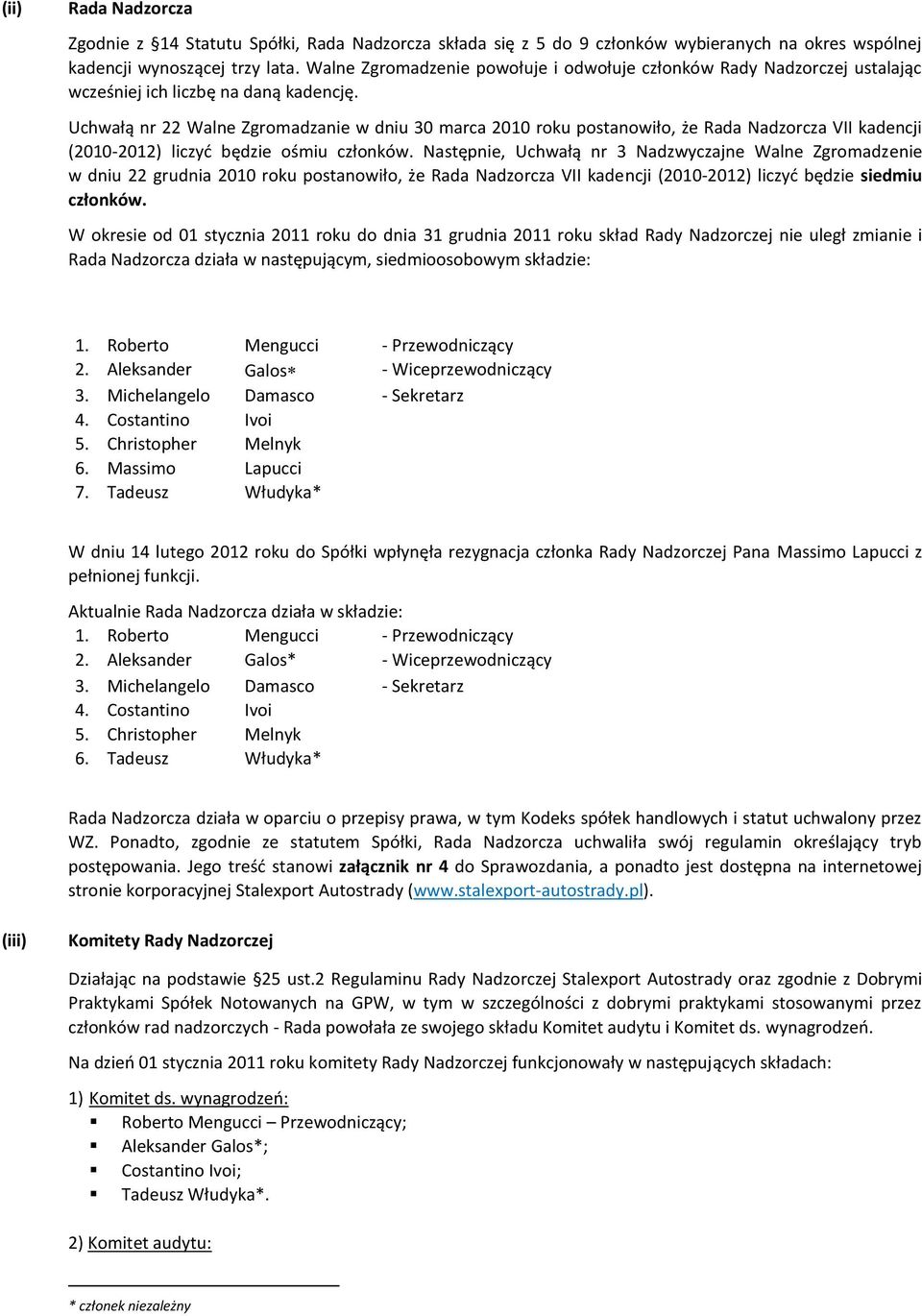 Uchwałą nr 22 Walne Zgromadzanie w dniu 30 marca 2010 roku postanowiło, że Rada Nadzorcza VII kadencji (2010-2012) liczyć będzie ośmiu członków.