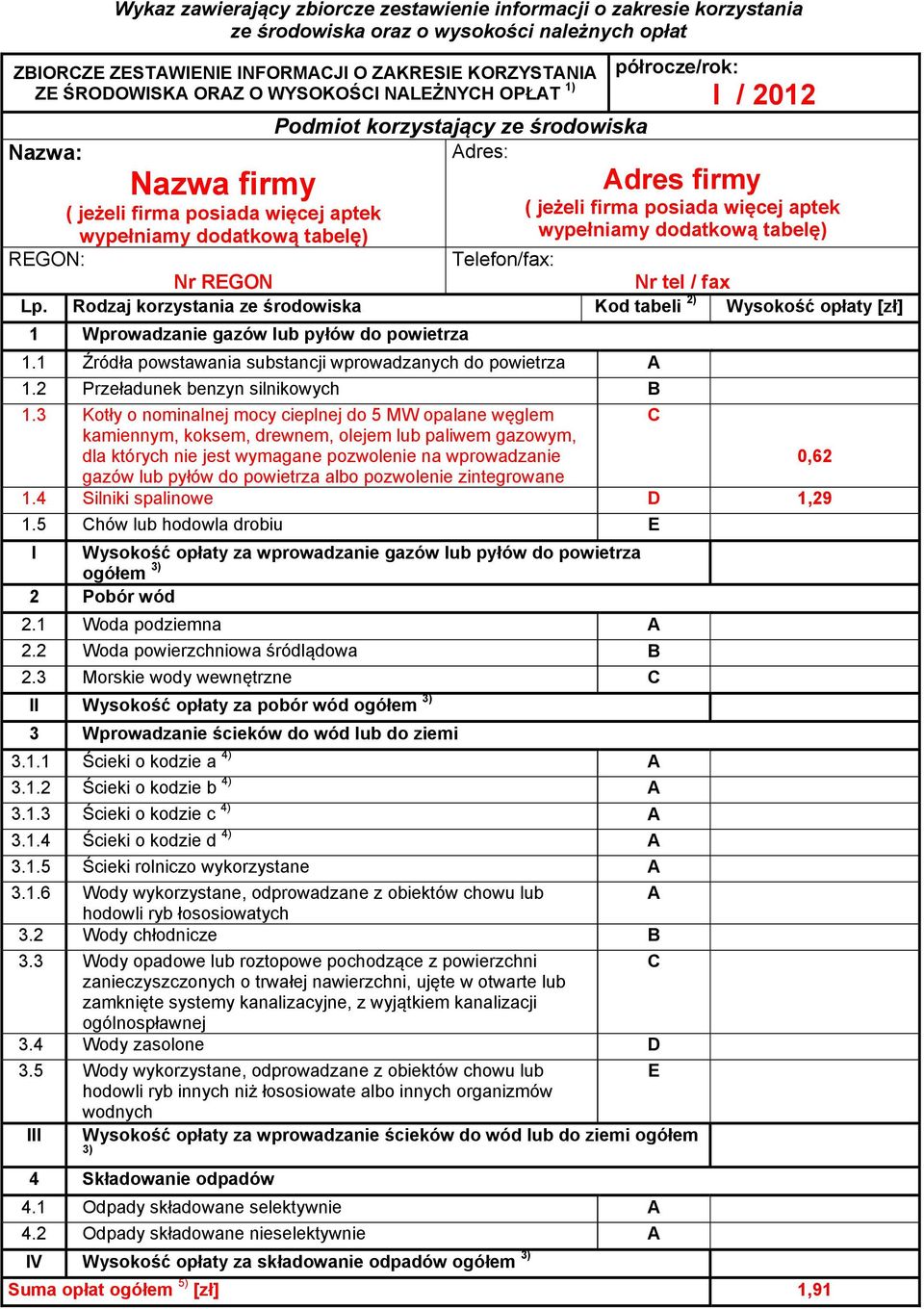 wypełniamy dodatkową tabelę) wypełniamy dodatkową tabelę) REGON: Telefon/fax: Nr REGON Nr tel / fax Lp.