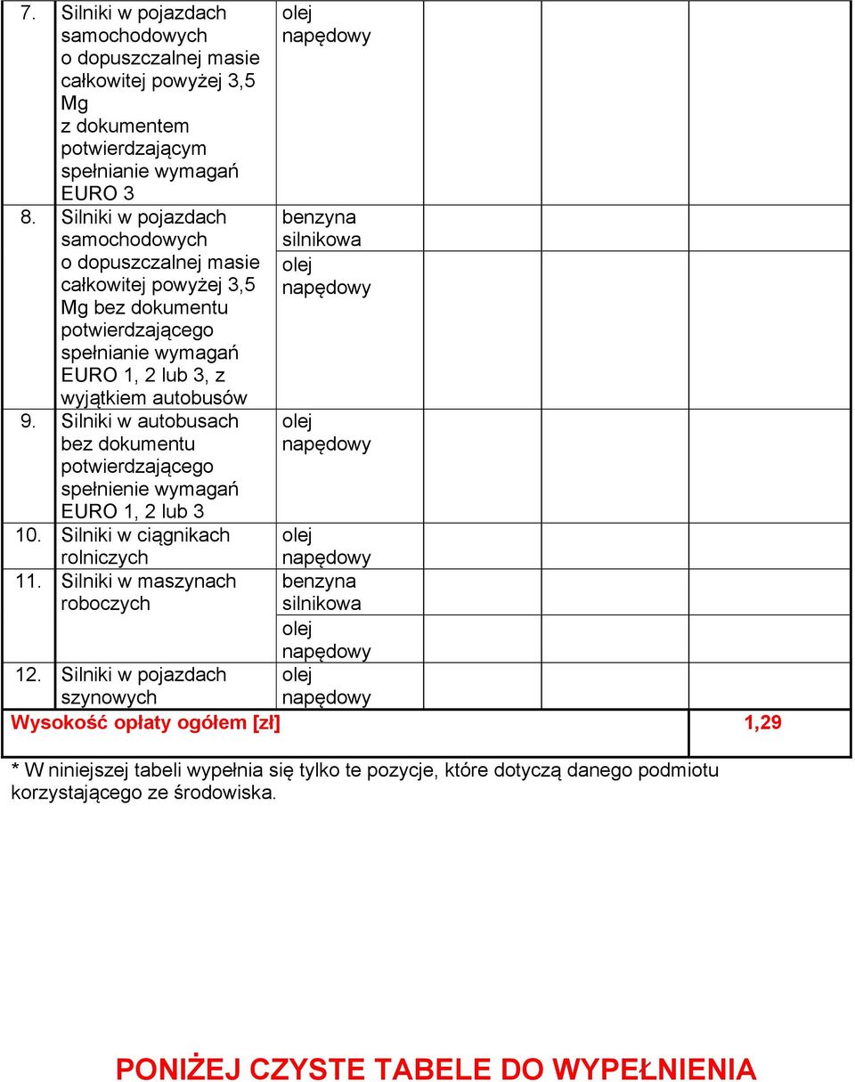 Silniki w autobusach bez dokumentu potwierdzającego spełnienie wymagań EURO 1, 2 lub 3 10. Silniki w ciągnikach rolniczych 11.