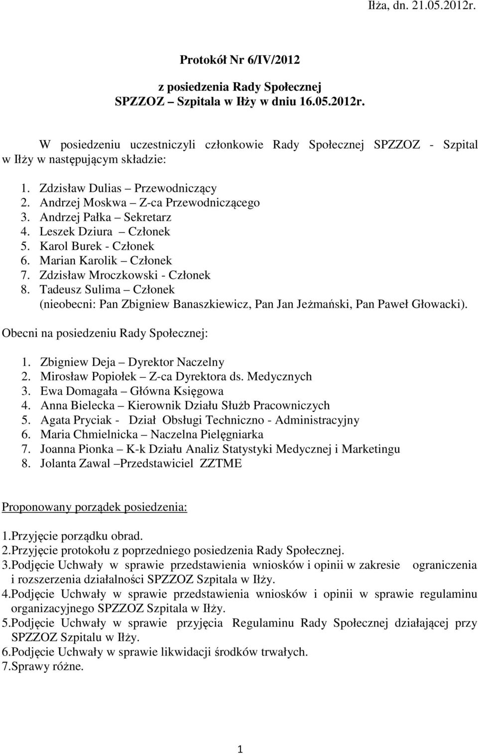 Zdzisław Mroczkowski - Członek 8. Tadeusz Sulima Członek (nieobecni: Pan Zbigniew Banaszkiewicz, Pan Jan Jeżmański, Pan Paweł Głowacki). Obecni na posiedzeniu Rady Społecznej: 1.