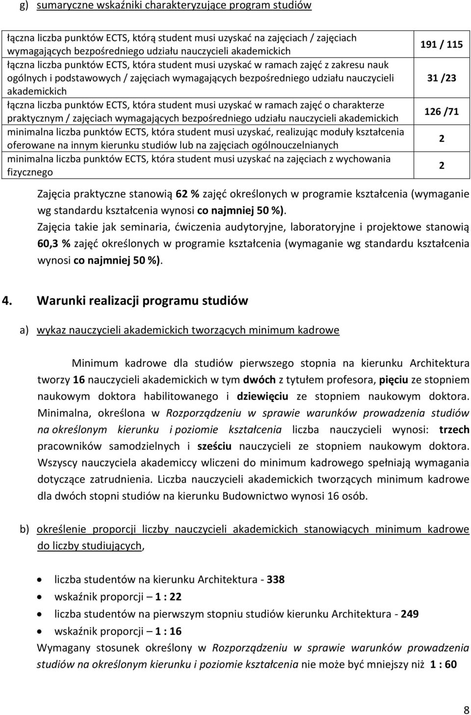 punktów ECTS, która student musi uzyskać w ramach zajęć o charakterze praktycznym / zajęciach wymagających bezpośredniego udziału nauczycieli akademickich minimalna liczba punktów ECTS, która student