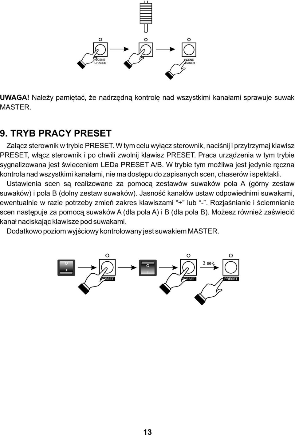 W trybie tym możliwa jest jedynie ręczna kontrola nad wszystkimi kanałami, nie ma dostępu do zapisanych scen, chaserów i spektakli.