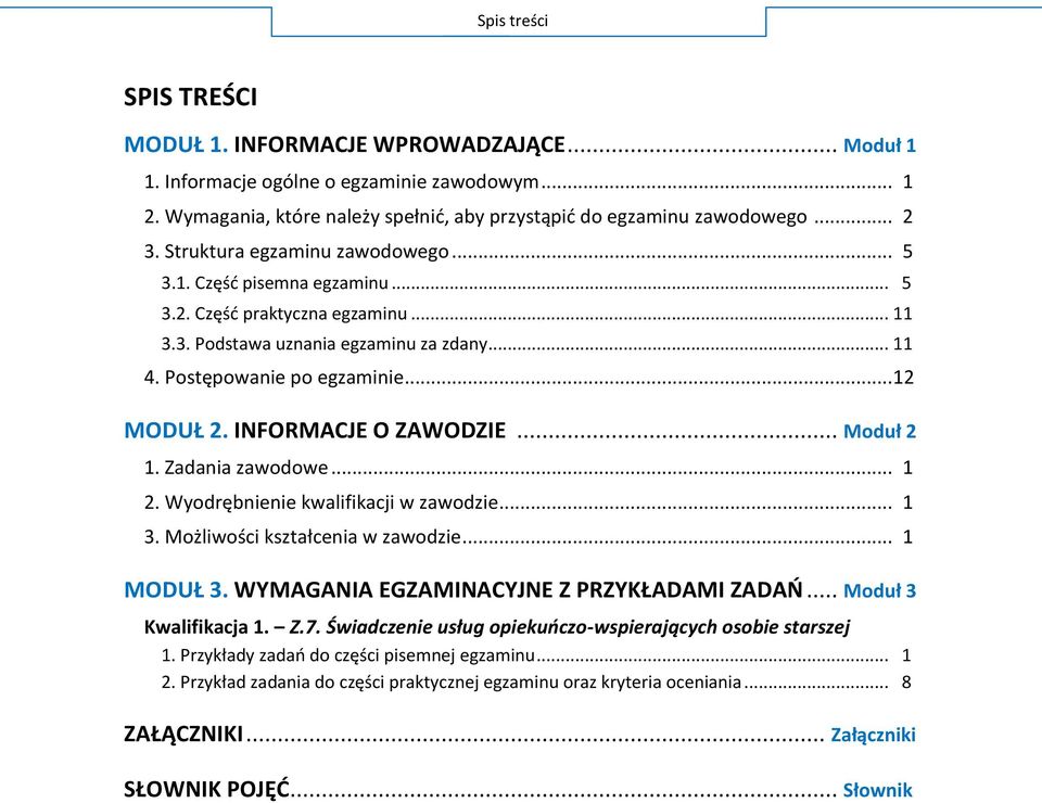 INFORMACJE O ZAWODZIE... Moduł 2 1. Zadania zawodowe... 1 2. Wyodrębnienie kwalifikacji w zawodzie... 1 3. Możliwości kształcenia w zawodzie... 1 MODUŁ 3. WYMAGANIA EGZAMINACYJNE Z PRZYKŁADAMI ZADAŃ.