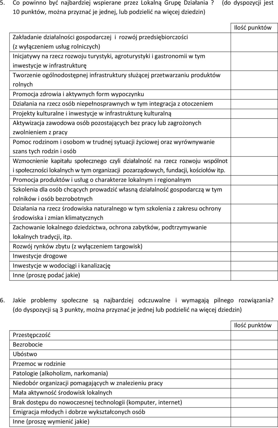 Inicjatywy na rzecz rozwoju turystyki, agroturystyki i gastronomii w tym inwestycje w infrastrukturę Tworzenie ogólnodostępnej infrastruktury służącej przetwarzaniu produktów rolnych Promocja zdrowia