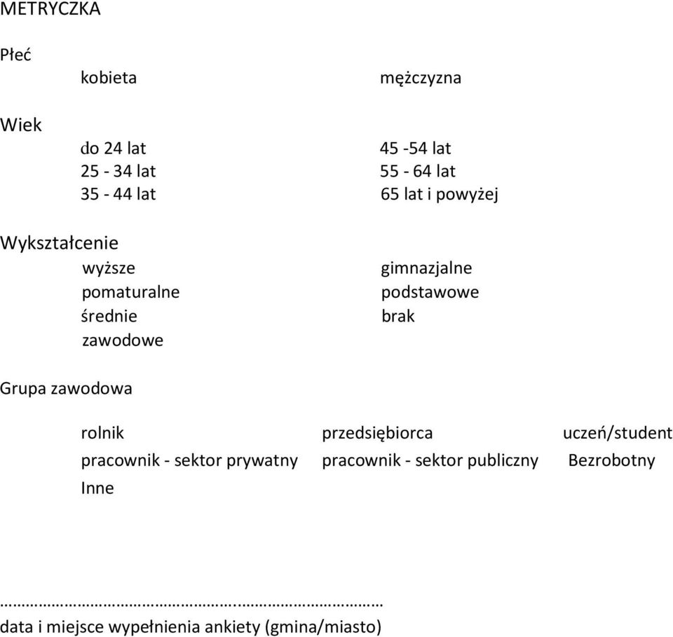 brak Grupa zawodowa rolnik przedsiębiorca uczeń/student pracownik - sektor prywatny