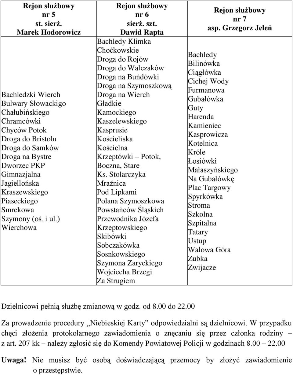 Piaseckiego Smrekowa Szymony (oś. i ul.) Wierchowa Rejon służbowy nr 6 sierż. szt.