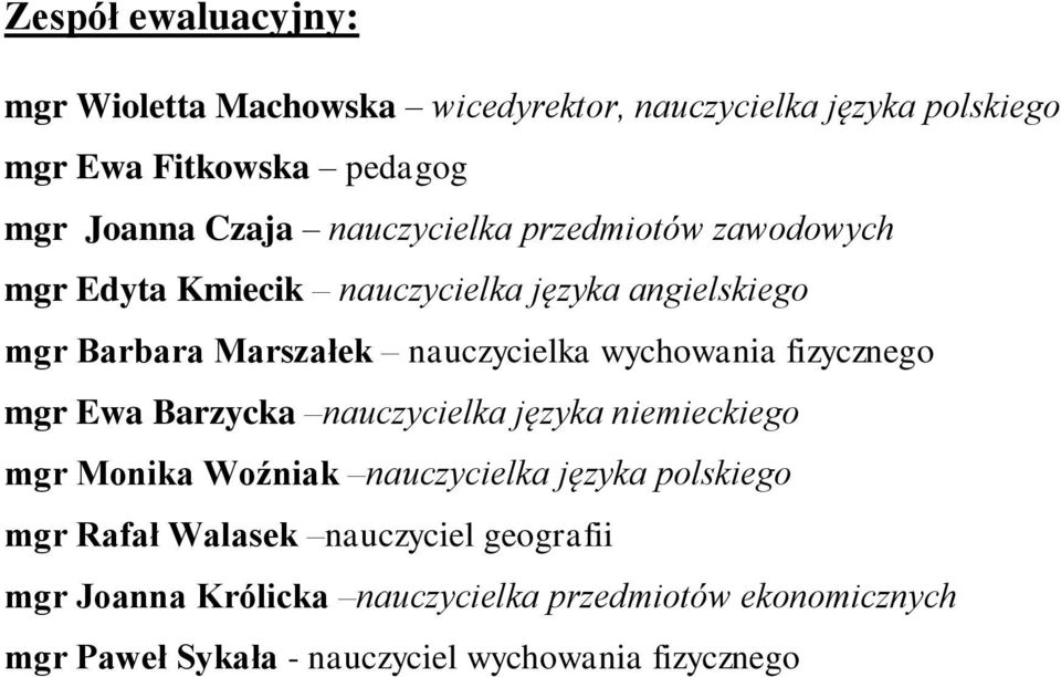 wychowania fizycznego mgr Ewa Barzycka nauczycielka języka niemieckiego mgr Monika Woźniak nauczycielka języka polskiego mgr Rafał