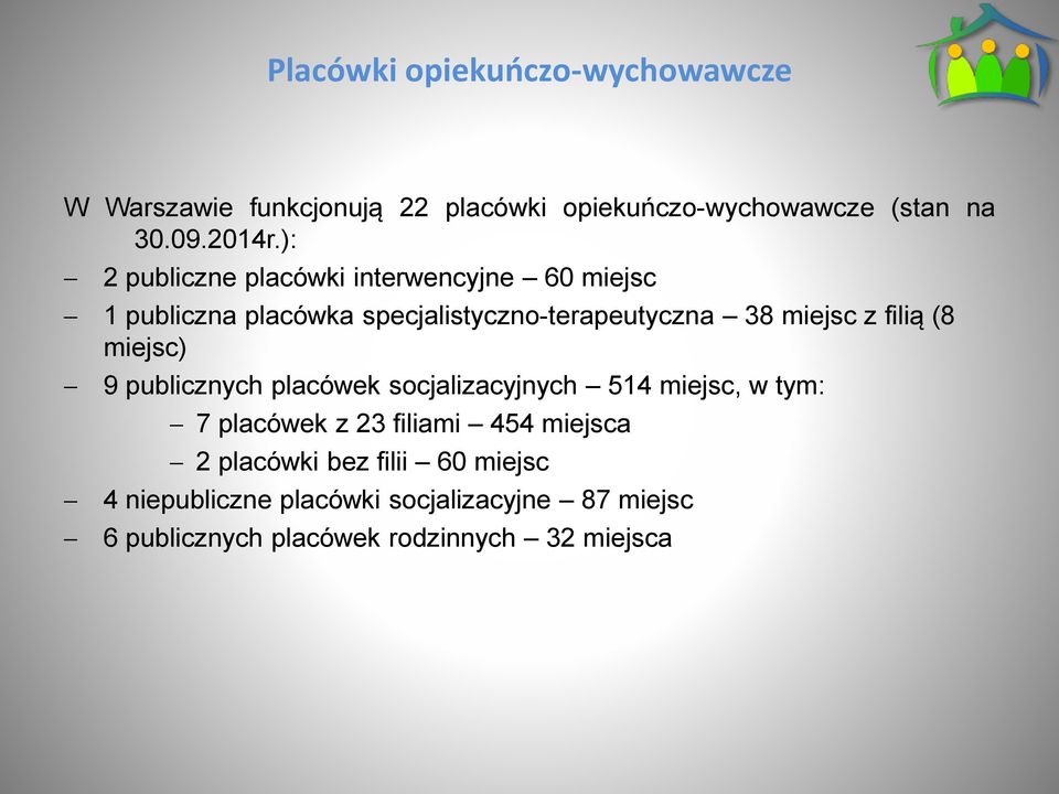 filią (8 miejsc) 9 publicznych placówek socjalizacyjnych 514 miejsc, w tym: 7 placówek z 23 filiami 454 miejsca 2