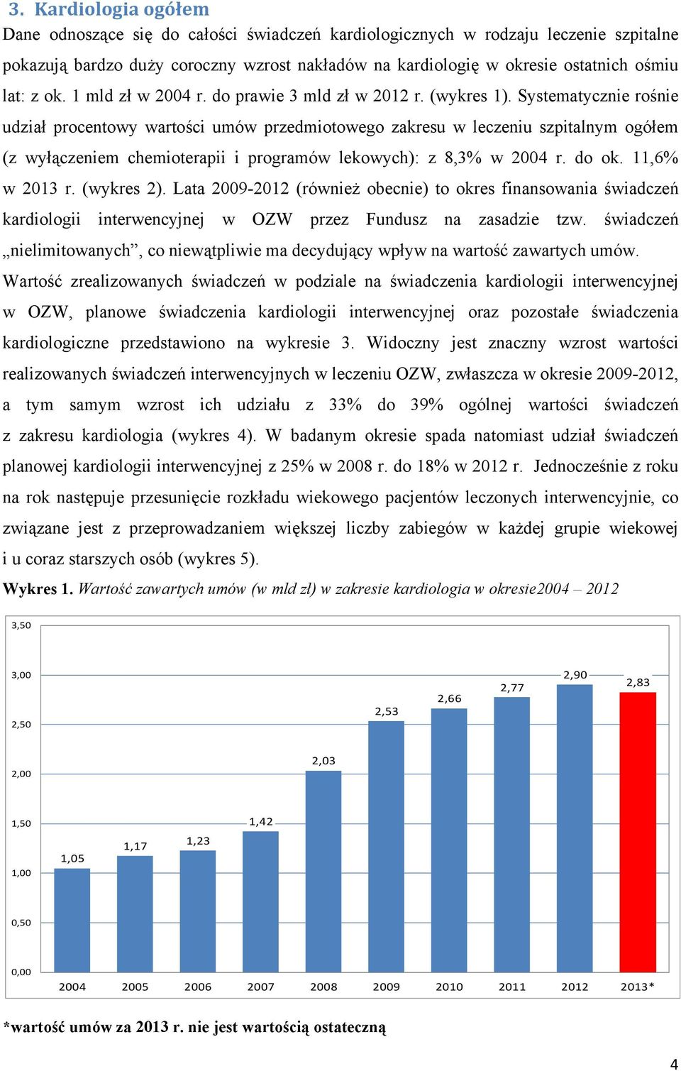 Systematycznie rośnie udział procentowy wartości umów przedmiotowego zakresu w leczeniu szpitalnym ogółem (z wyłączeniem chemioterapii i programów lekowych): z 8,3% w 24 r. do ok. 11,6% w 213 r.