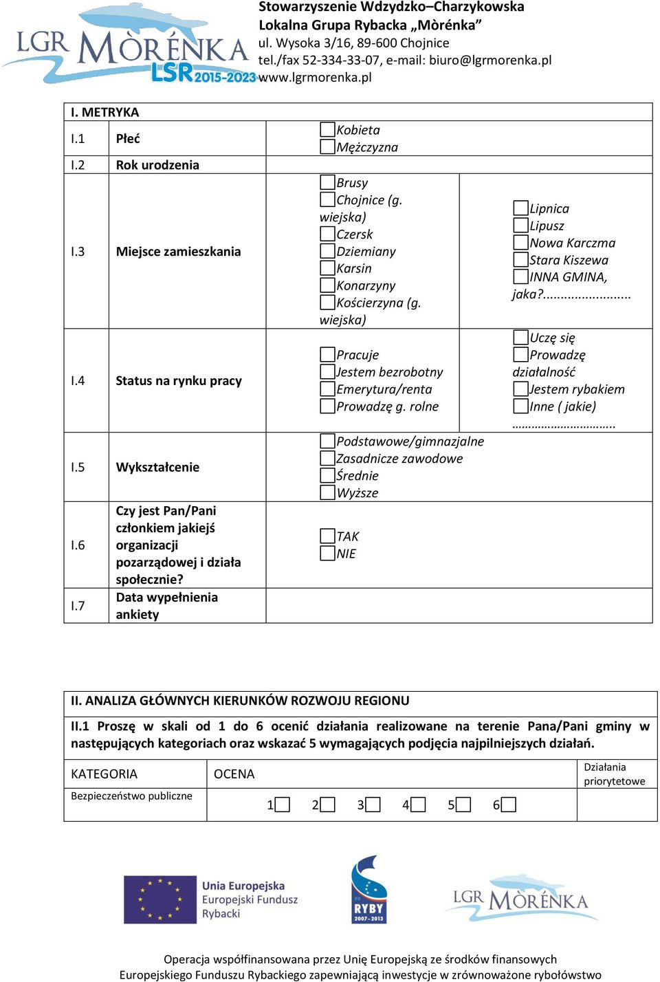 rolne Podstawowe/gimnazjalne Zasadnicze zawodowe Średnie Wyższe TAK NIE Lipnica Lipusz Nowa Karczma Stara Kiszewa INNA GMINA, jaka?... Uczę się Prowadzę działalność Jestem rybakiem Inne ( jakie).. II.