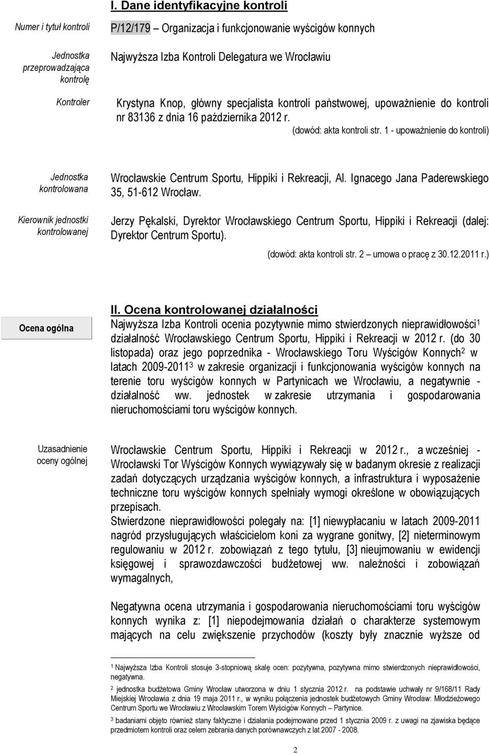 1 - upoważnienie do kontroli) Jednostka kontrolowana Kierownik jednostki kontrolowanej Wrocławskie Centrum Sportu, Hippiki i Rekreacji, Al. Ignacego Jana Paderewskiego 35, 51-612 Wrocław.