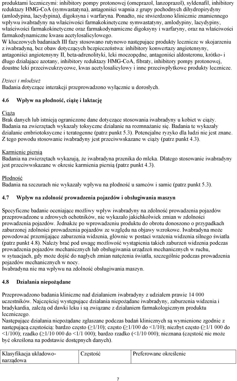 Ponadto, nie stwierdzono klinicznie znamiennego wpływu iwabradyny na właściwości farmakokinetyczne symwastatyny, amlodypiny, lacydypiny, właściwości farmakokinetyczne oraz farmakodynamiczne digoksyny