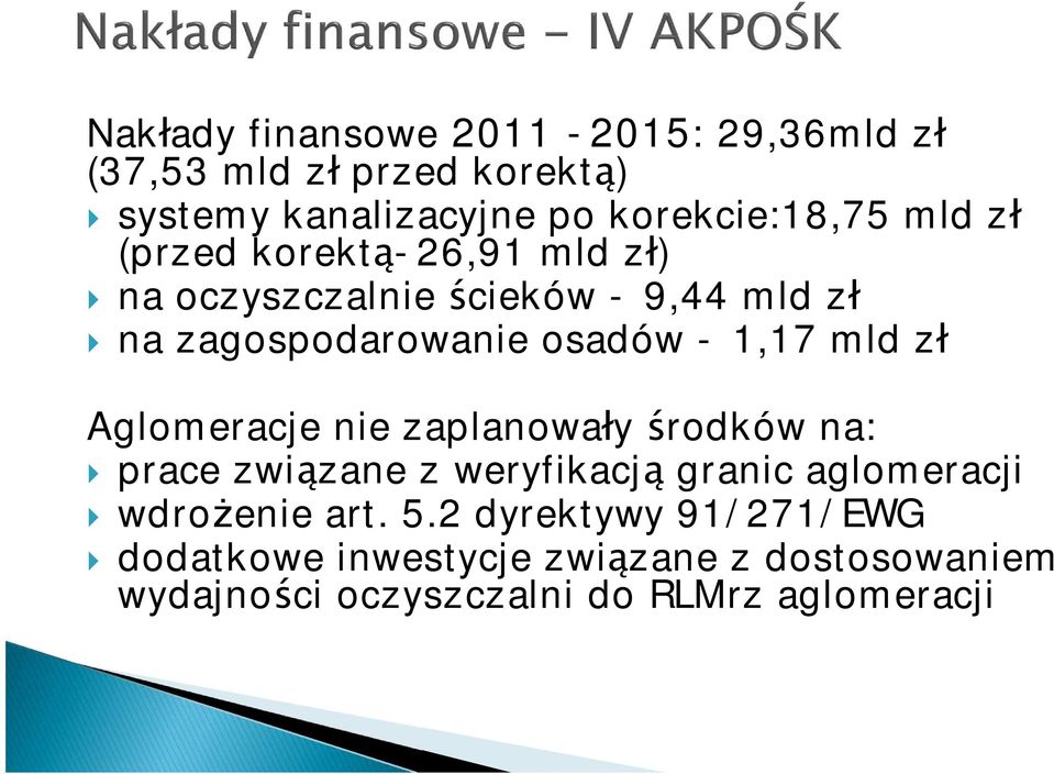 mld z Aglomeracje nie zaplanowa y rodków na: prace zwi zane z weryfikacj granic aglomeracji wdro enie art. 5.