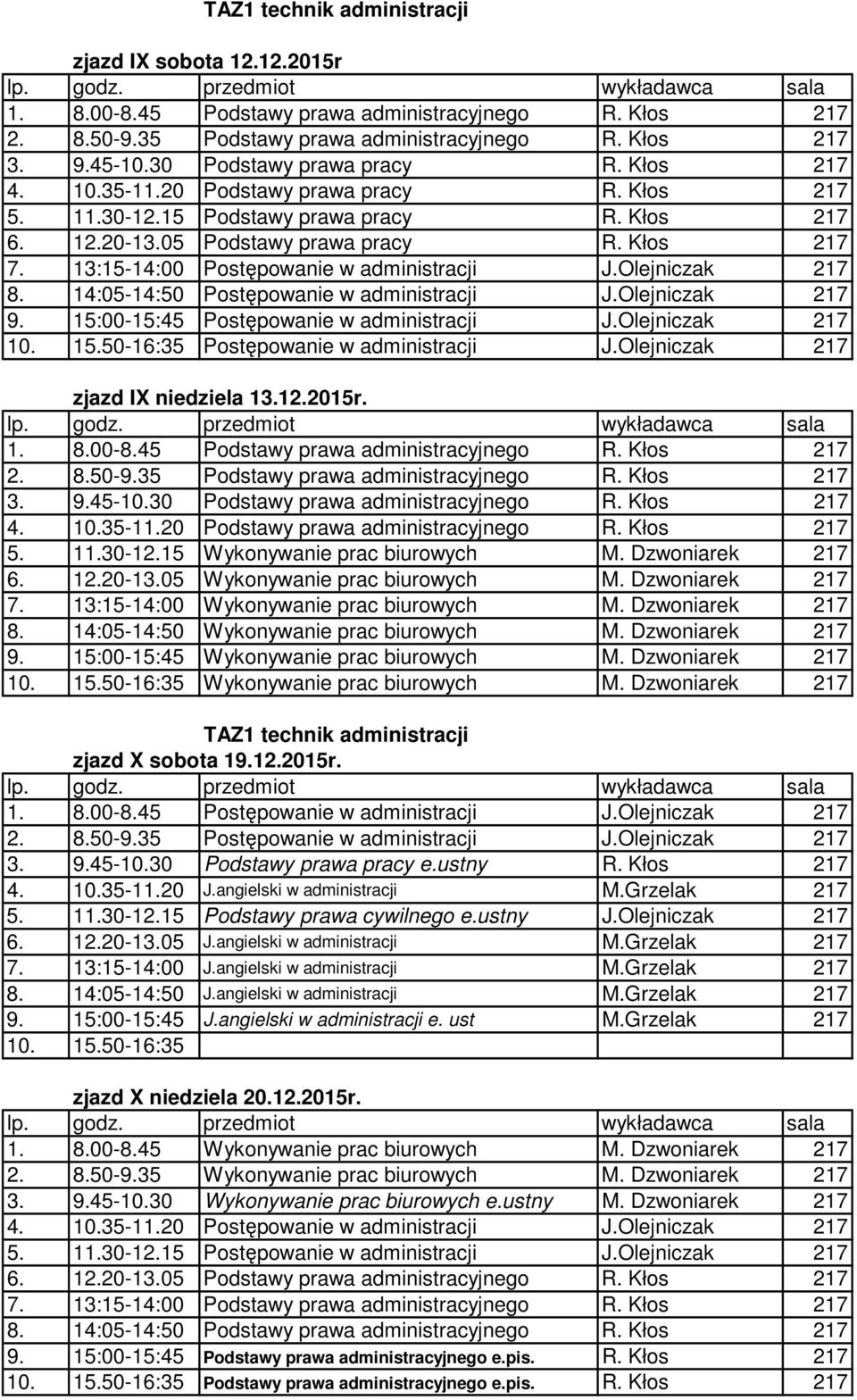 45 Podstawy prawa administracyjnego R. Kłos 217 2. 8.50-9.35 Podstawy prawa administracyjnego R. Kłos 217 3. 9.45-10.30 Podstawy prawa administracyjnego R. Kłos 217 4. 10.35-11.