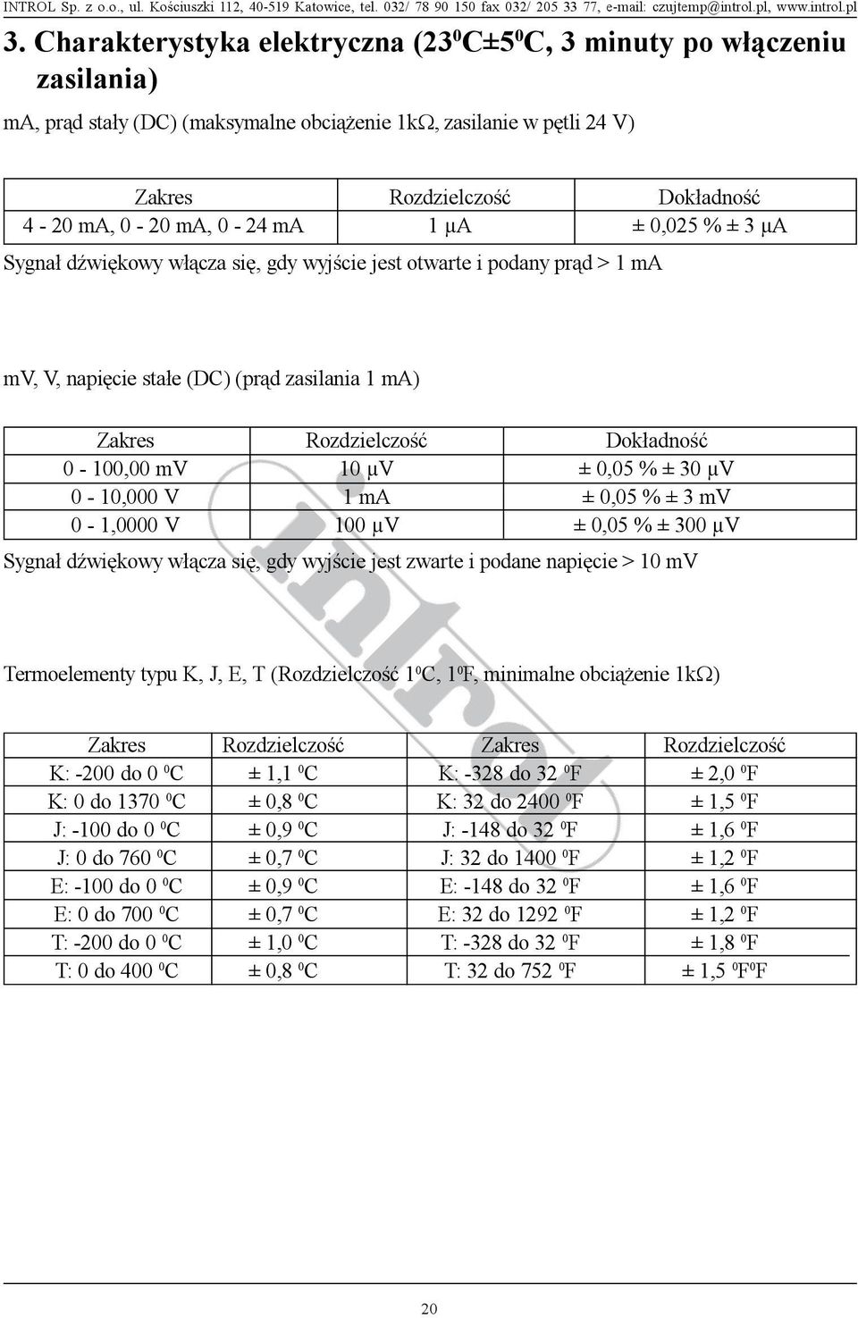 mv 10 μv ± 0,05 % ± 30 μv 0-10,000 V 1 ma ± 0,05 % ± 3 mv 0-1,0000 V 100 μv ± 0,05 % ± 300 μv Sygna³ dÿwiêkowy w³¹cza siê, gdy wyjœcie jest zwarte i podane napiêcie > 10 mv Termoelementy typu K, J,