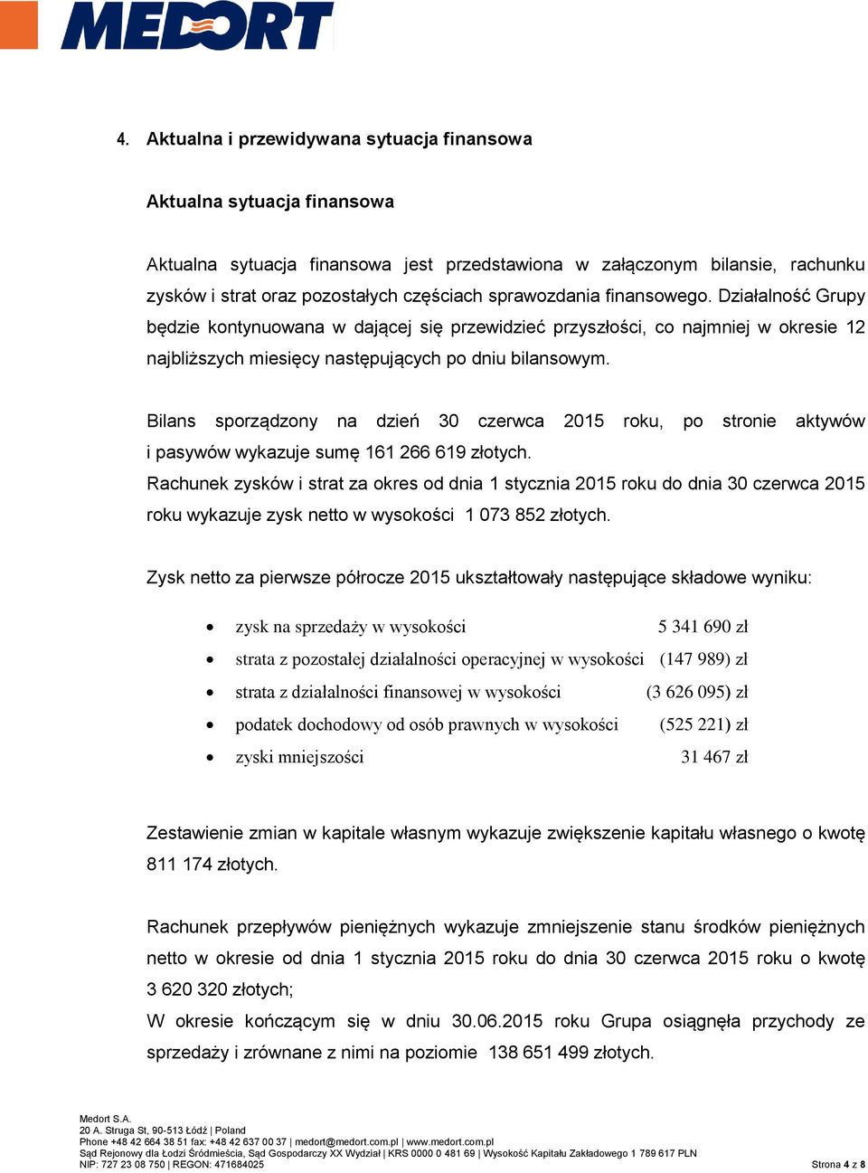 Bilans sporządzony na dzień 30 czerwca 2015 roku, po stronie aktywów i pasywów wykazuje sumę 161 266 619 złotych.