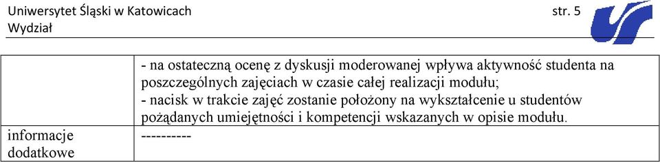 poszczególnych zajęciach w czasie całej realizacji modułu; - nacisk w