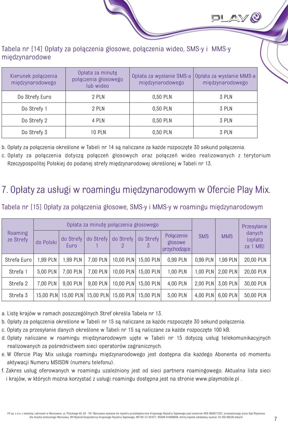 Opłaty za połączenia określone w Tabeli nr 14 są naliczane za każde rozpoczęte 30 sekund połączenia. c.