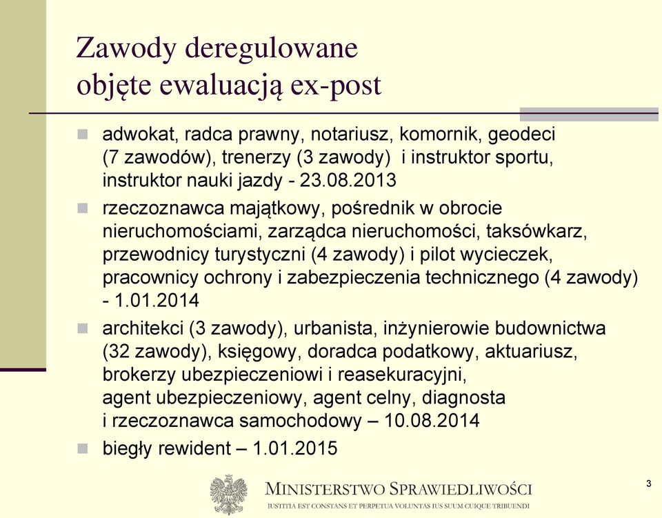 2013 rzeczoznawca majątkowy, pośrednik w obrocie nieruchomościami, zarządca nieruchomości, taksówkarz, przewodnicy turystyczni (4 zawody) i pilot wycieczek, pracownicy