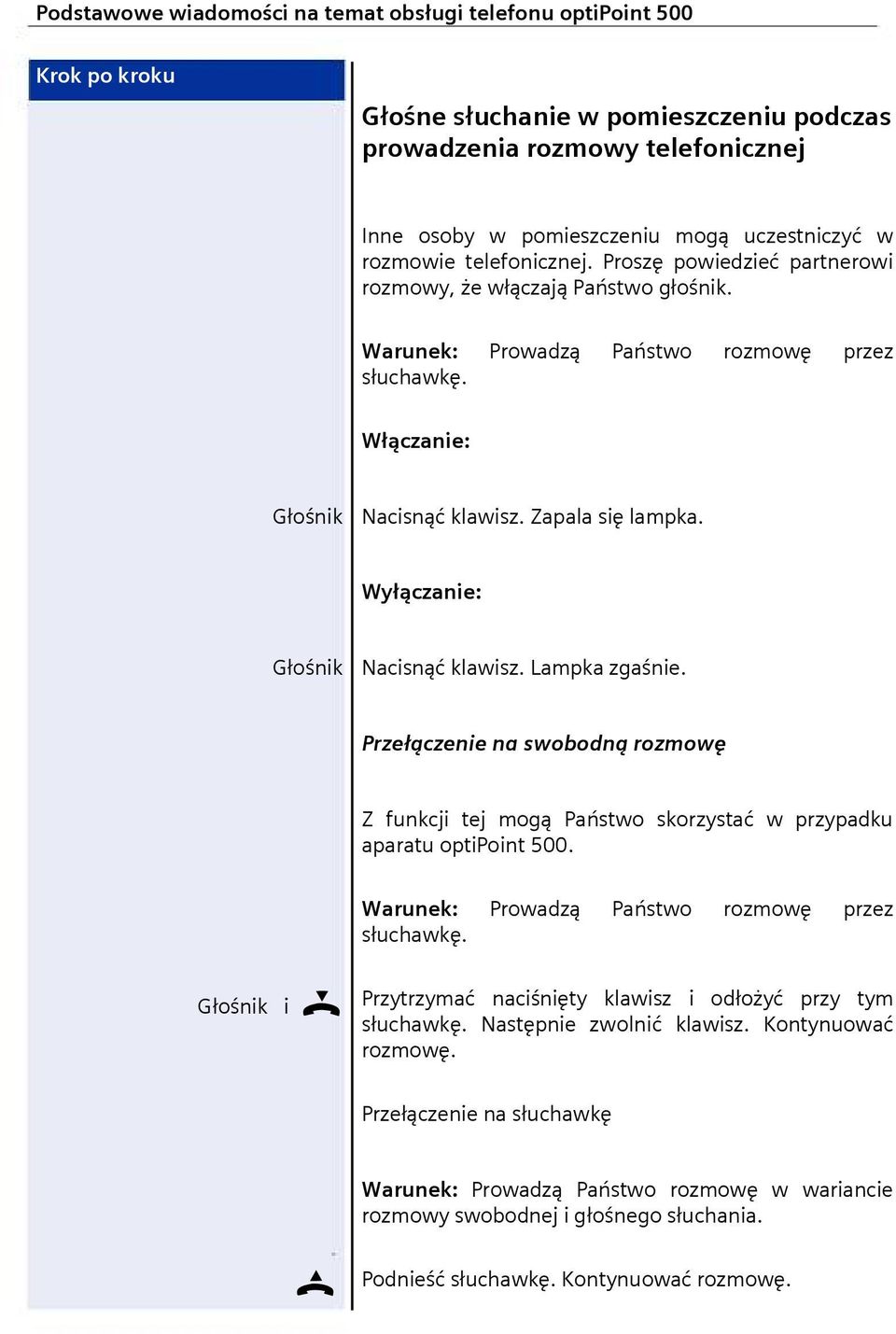 Wyłączanie: Głośnik Nacisnąć klawisz. Lampka zgaśnie. Przełączenie na swobodną rozmowę Z funkcji tej mogą Państwo skorzystać w przypadku aparatu optipoint 500.