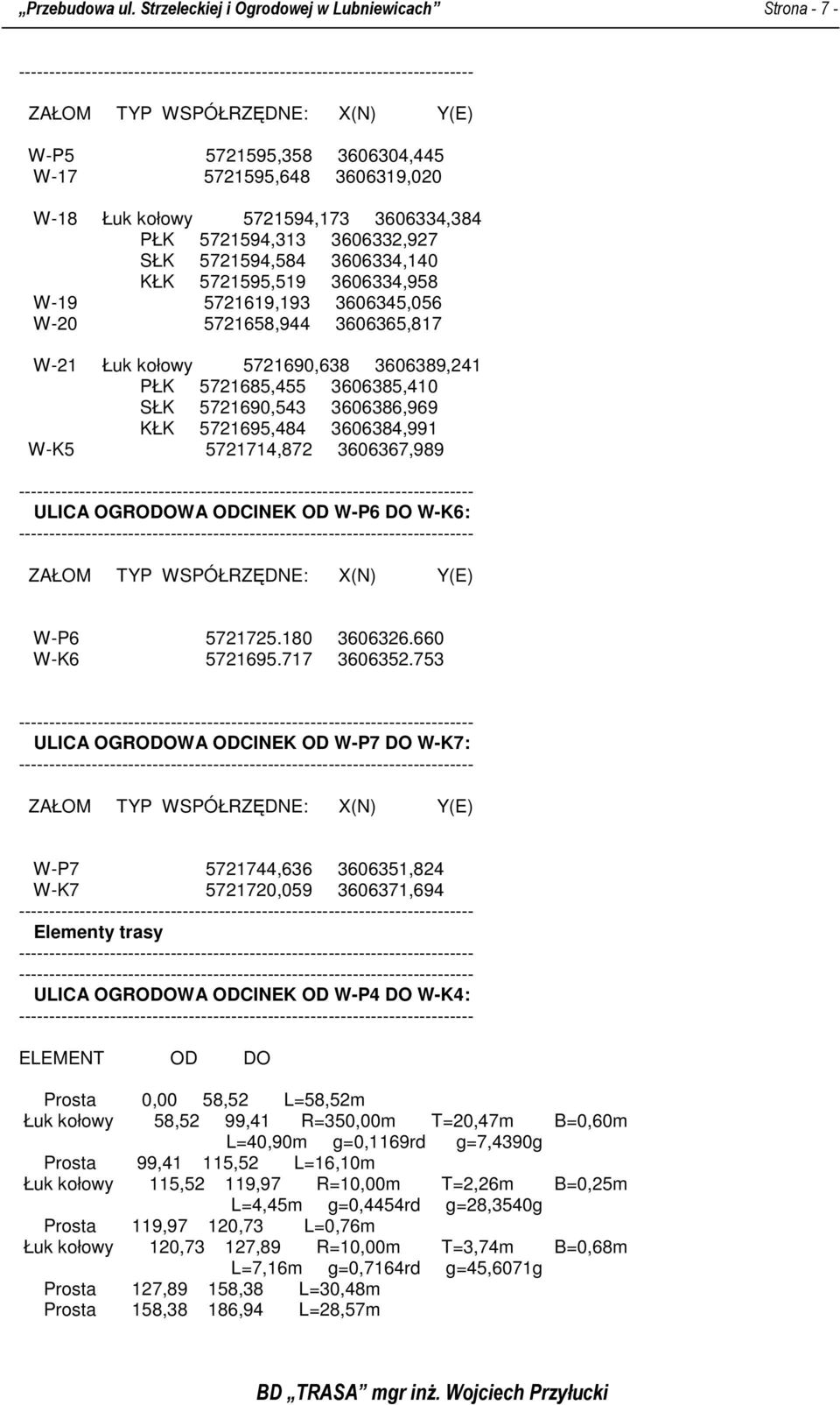 3606332,927 SŁK 5721594,584 3606334,140 KŁK 5721595,519 3606334,958 W-19 5721619,193 3606345,056 W-20 5721658,944 3606365,817 W-21 Łuk kołowy 5721690,638 3606389,241 PŁK 5721685,455 3606385,410 SŁK