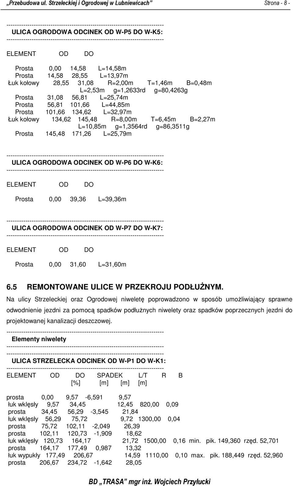T=1,46m B=0,48m L=2,53m g=1,2633rd g=80,4263g Prosta 31,08 56,81 L=25,74m Prosta 56,81 101,66 L=44,85m Prosta 101,66 134,62 L=32,97m Łuk kołowy 134,62 145,48 R=8,00m T=6,45m B=2,27m L=10,85m