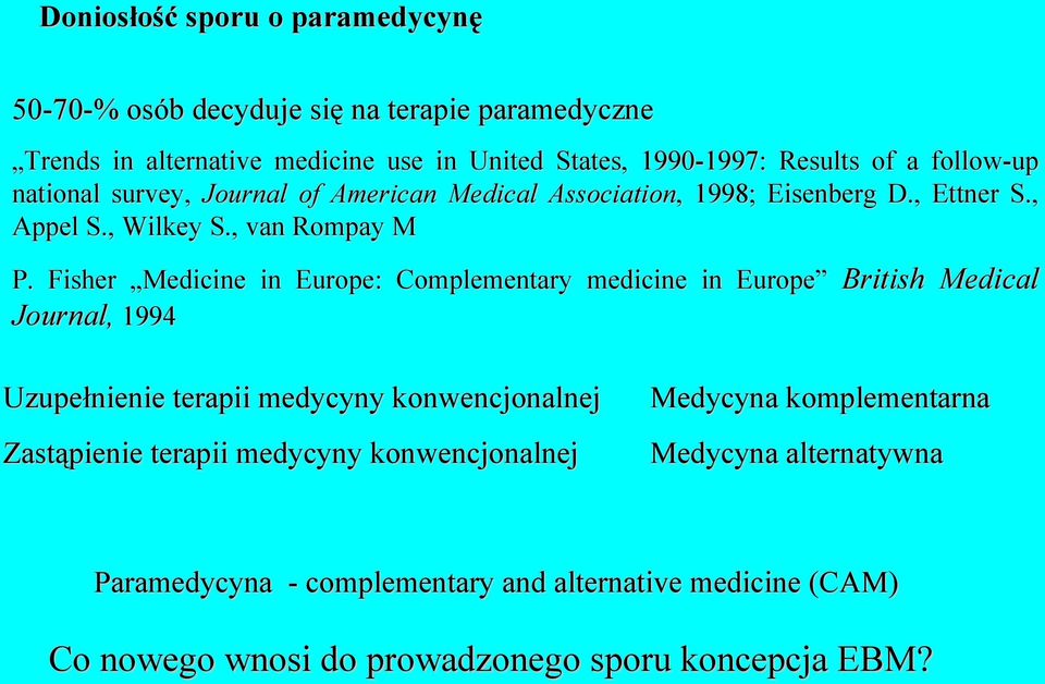Fisher Medicine in Europe: Complementary medicine in Europe British Medical Journal, 1994 Uzupełnienie terapii medycyny konwencjonalnej Zastąpienie terapii