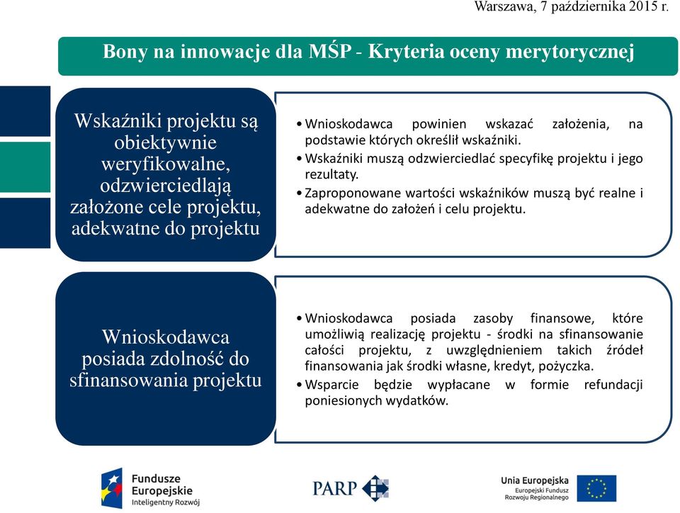 Zaproponowane wartości wskaźników muszą być realne i adekwatne do założeń i celu projektu.