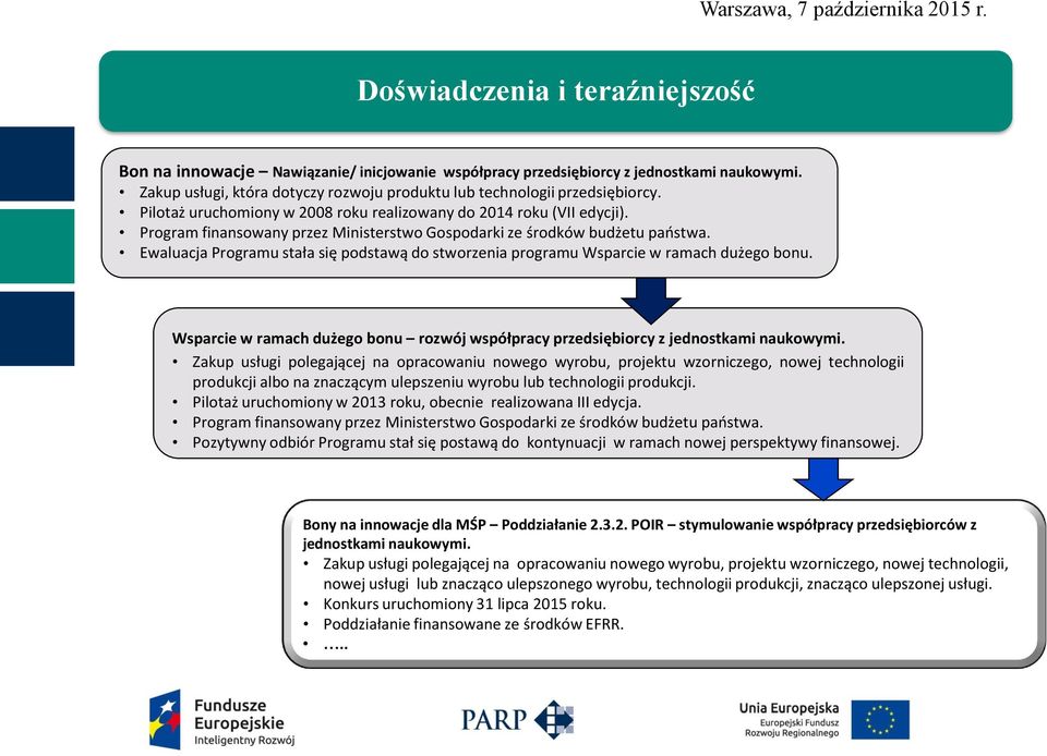 Ewaluacja Programu stała się podstawą do stworzenia programu Wsparcie w ramach dużego bonu. Wsparcie w ramach dużego bonu rozwój współpracy przedsiębiorcy z jednostkami naukowymi.