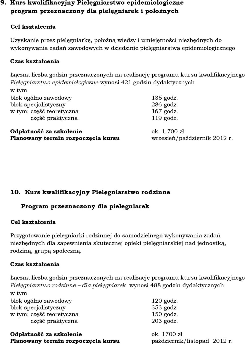 10. Kurs kwalifikacyjny Pielęgniarstwo rodzinne Program przeznaczony dla pielęgniarek Przygotowanie pielęgniarki rodzinnej do samodzielnego wykonywania zadań niezbędnych dla zapewnienia skutecznej