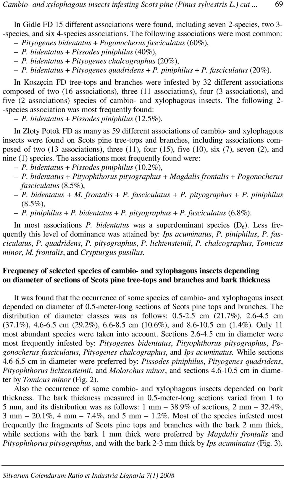The following associations were most common: Pityogenes bidentatus + Pogonocherus fasciculatus (60%), P. bidentatus + Pissodes piniphilus (40%), P. bidentatus + Pityogenes chalcographus (20%), P.