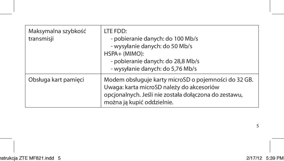 5,76 Mb/s Modem obsługuje karty microsd o pojemności do 32 GB.