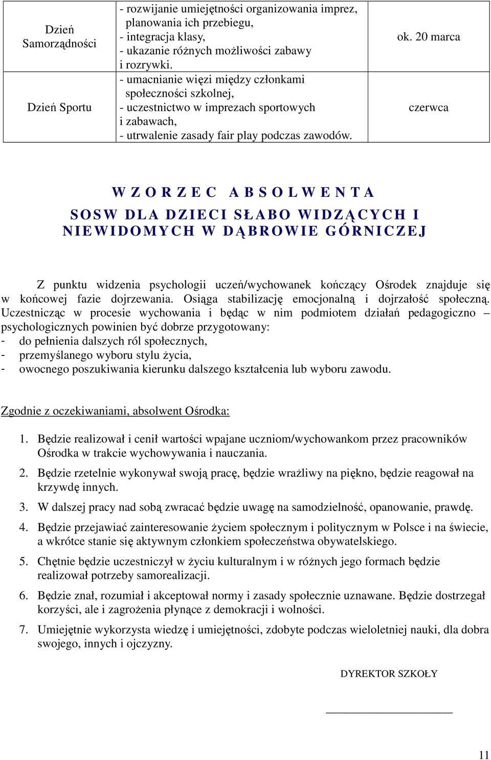 20 marca czerwca W Z O R Z E C A B S O L W E N T A S O S W D L A D Z I E C I S Ł A B O W I D ZĄ C Y C H I N I E W I D O M Y C H W DĄBROWIE GÓRNI C Z E J Z punktu widzenia psychologii uczeń/wychowanek