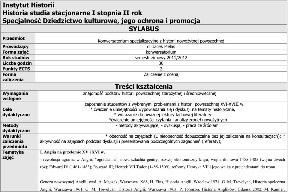dydaktyczne Metody dydaktyczne Warunki zaliczenia przedmiotu Tematyka zajęć Treści kształcenia znajomość podstaw historii powszechnej starożytnej i średniowiecznej zapoznanie studentów z wybranymi