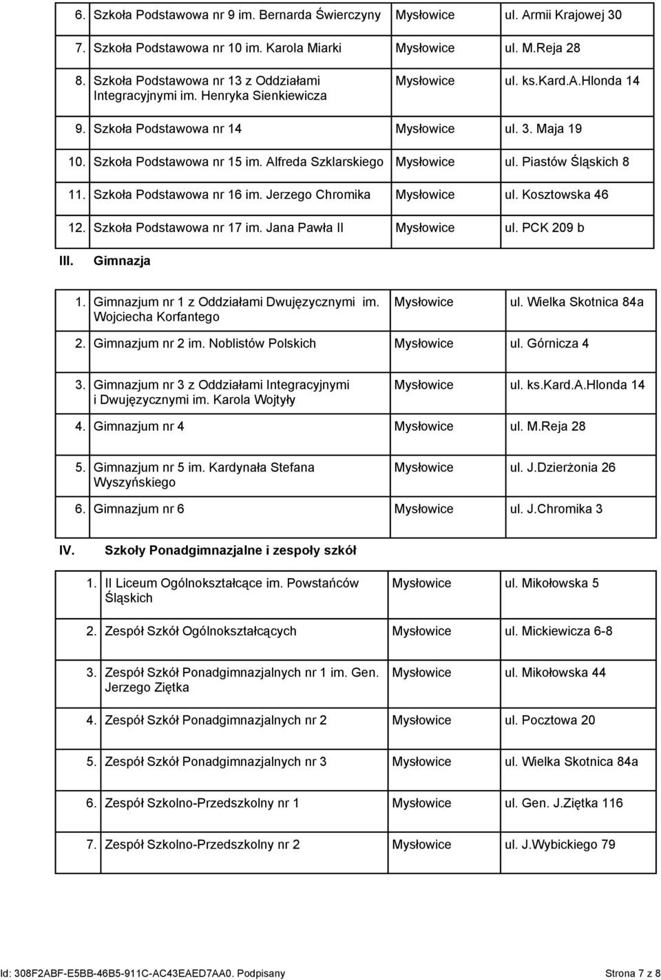 Alfreda Szklarskiego Mysłowice ul. Piastów Śląskich 8 11. Szkoła Podstawowa nr 16 im. Jerzego Chromika Mysłowice ul. Kosztowska 46 12. Szkoła Podstawowa nr 17 im. Jana Pawła II Mysłowice ul.