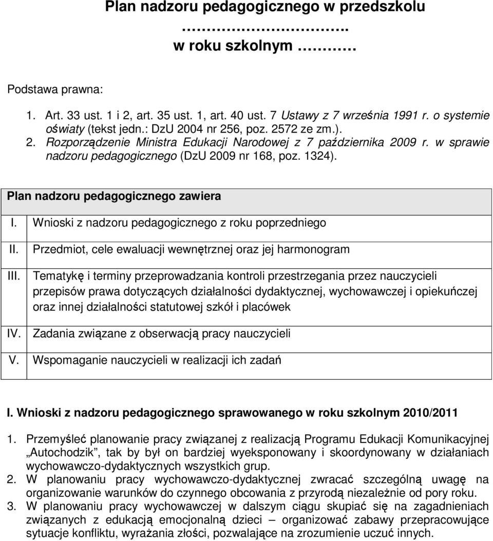 Plan nadzoru pedagogicznego zawiera I. Wnioski z nadzoru pedagogicznego z roku poprzedniego II. Przedmiot, cele ewaluacji wewnętrznej oraz jej harmonogram III.