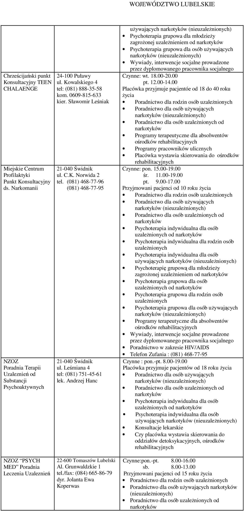 Leśmiana 4 tel: (081) 751-45-61 lek. Andrzej Hanc uŝywających (nie) Psychoterapia grupowa dla młodzieŝy zagroŝonej uzaleŝnieniem od (nie) Czynne: wt. 18.00-20.00 pt. 12.00-14.