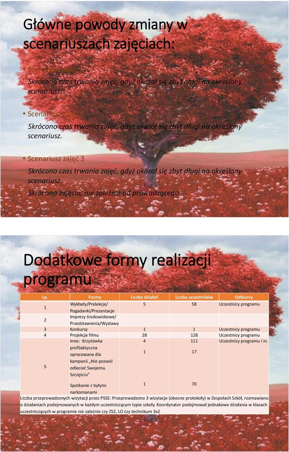 Skrócono zajęcia, nie zależnie od prowadzącego Dodatkowe formy realizacji programu Lp.