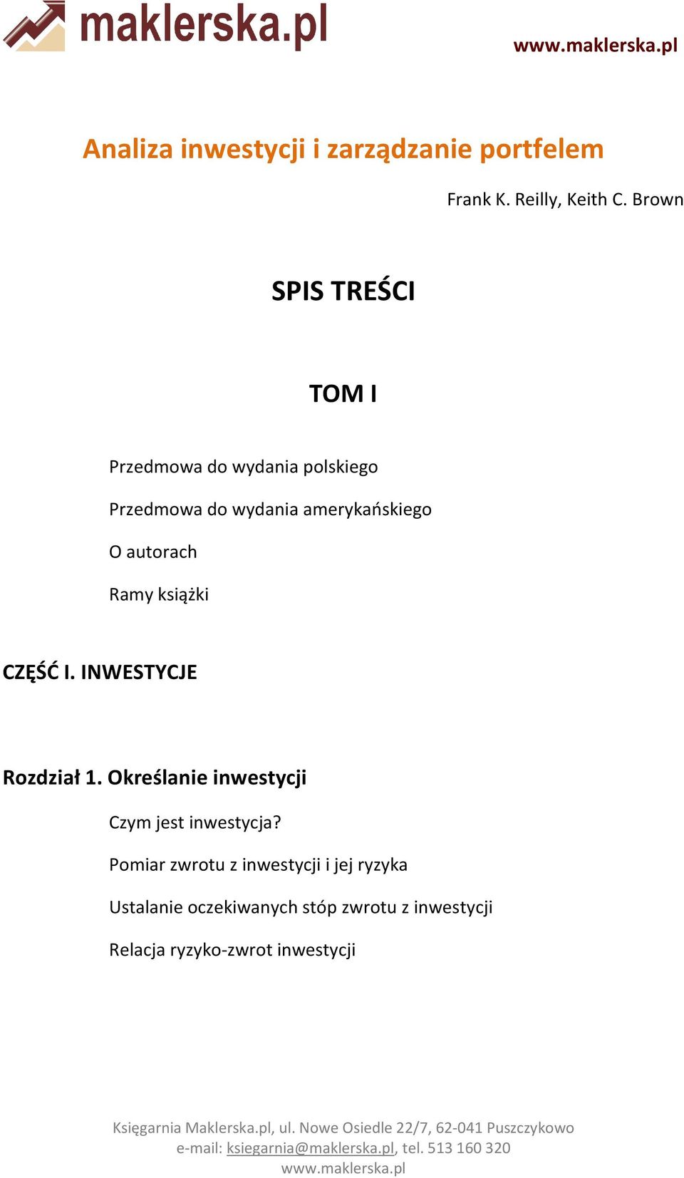 autorach Ramy książki CZĘŚĆ I. INWESTYCJE Rozdział 1.