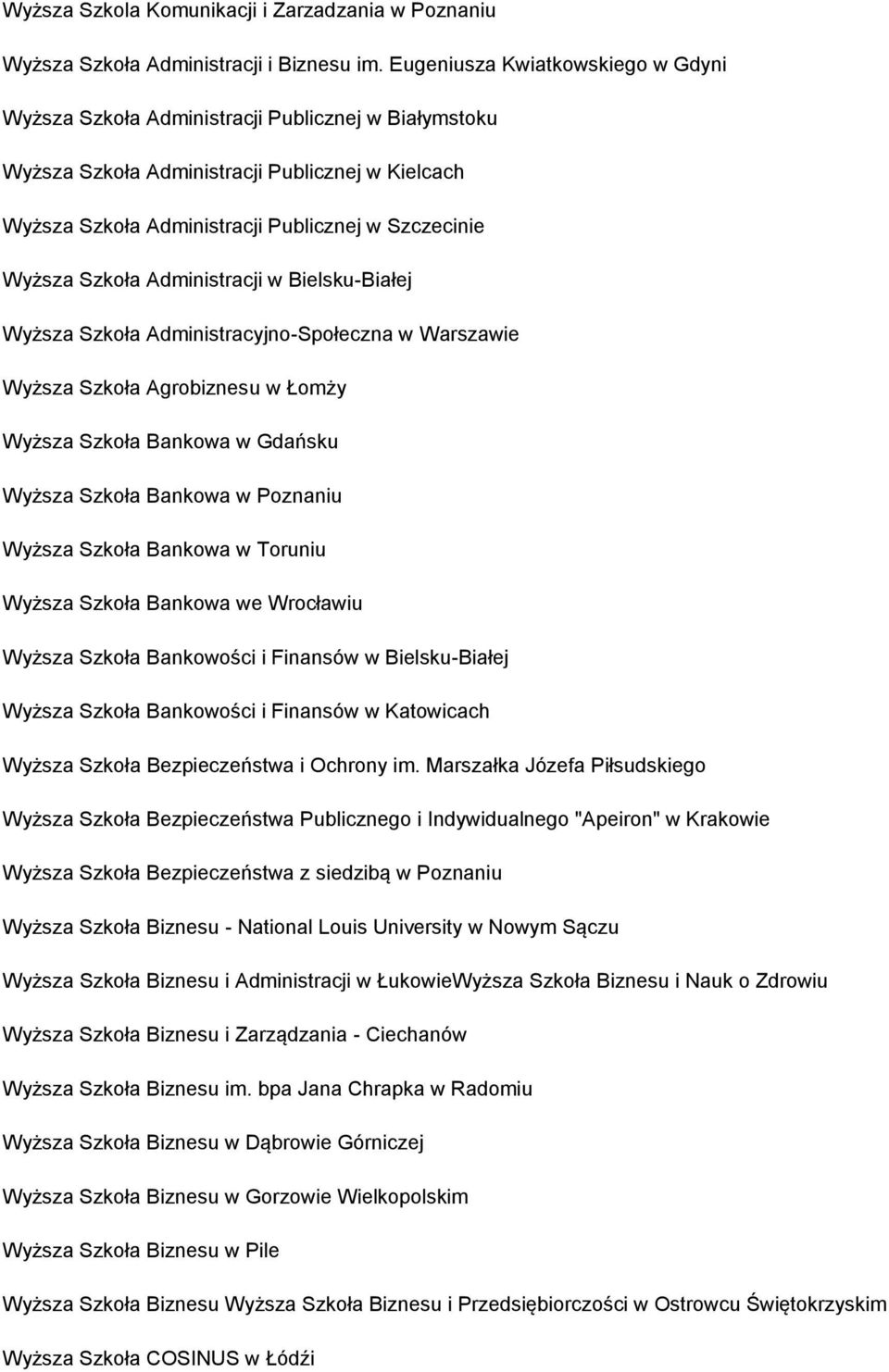 Szkoła Administracji w Bielsku-Białej Wyższa Szkoła Administracyjno-Społeczna w Warszawie Wyższa Szkoła Agrobiznesu w Łomży Wyższa Szkoła Bankowa w Gdańsku Wyższa Szkoła Bankowa w Poznaniu Wyższa