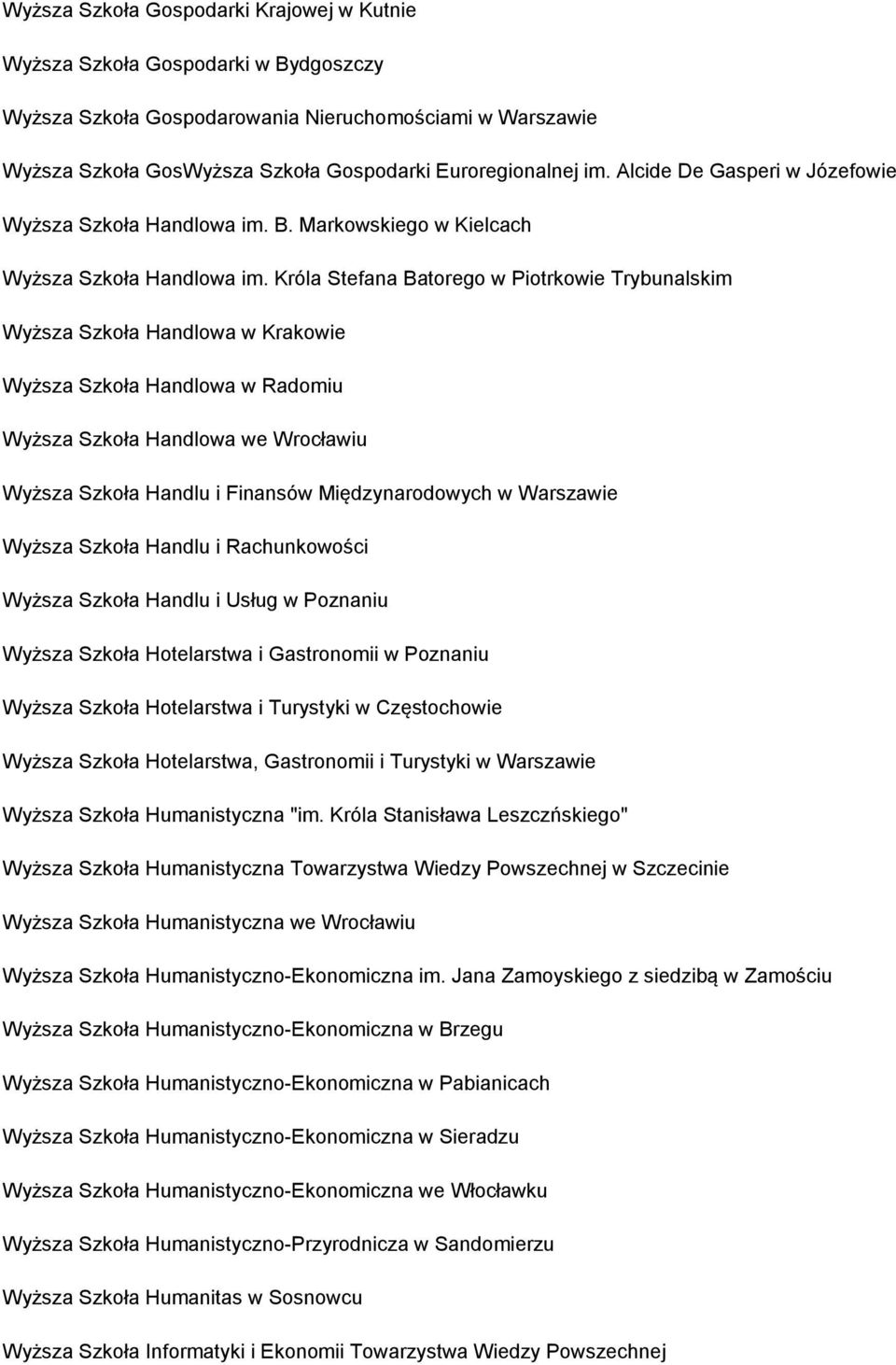 Króla Stefana Batorego w Piotrkowie Trybunalskim Wyższa Szkoła Handlowa w Krakowie Wyższa Szkoła Handlowa w Radomiu Wyższa Szkoła Handlowa we Wrocławiu Wyższa Szkoła Handlu i Finansów