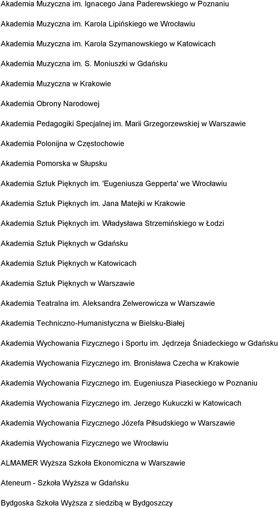Marii Grzegorzewskiej w Warszawie Akademia Polonijna w Częstochowie Akademia Pomorska w Słupsku Akademia Sztuk Pięknych im. 'Eugeniusza Gepperta' we Wrocławiu Akademia Sztuk Pięknych im.