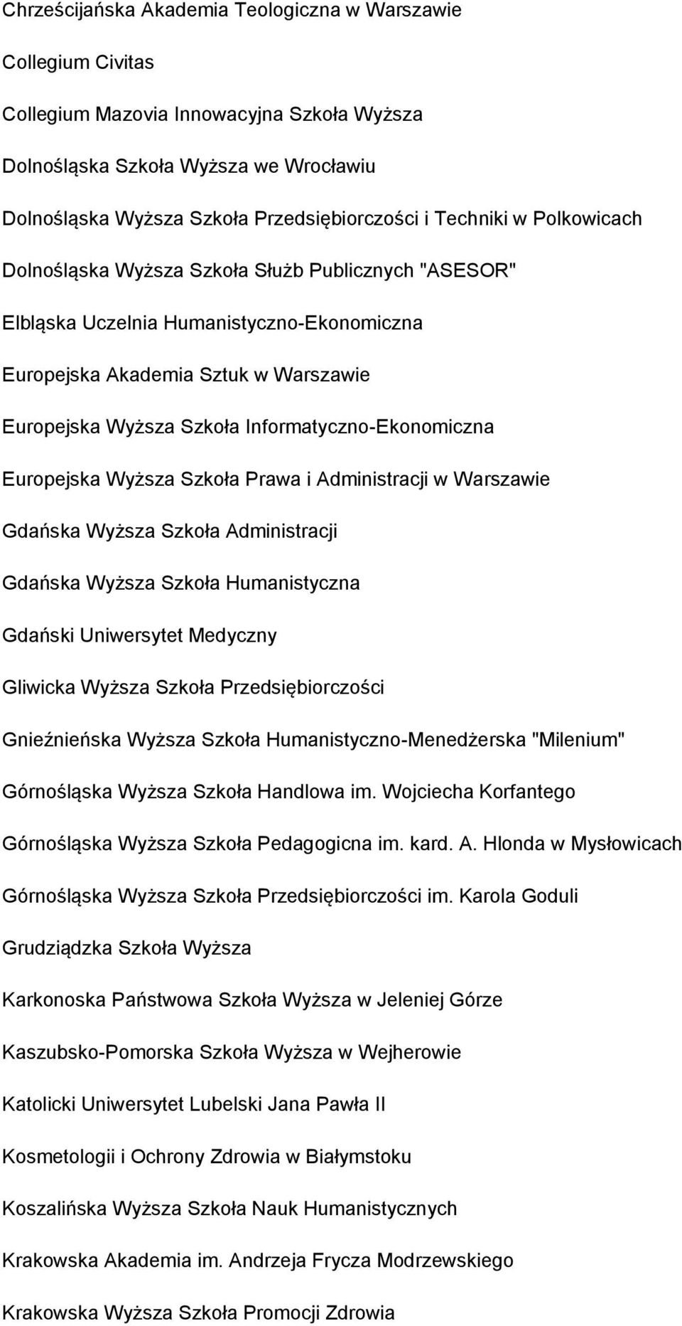 Informatyczno-Ekonomiczna Europejska Wyższa Szkoła Prawa i Administracji w Warszawie Gdańska Wyższa Szkoła Administracji Gdańska Wyższa Szkoła Humanistyczna Gdański Uniwersytet Medyczny Gliwicka