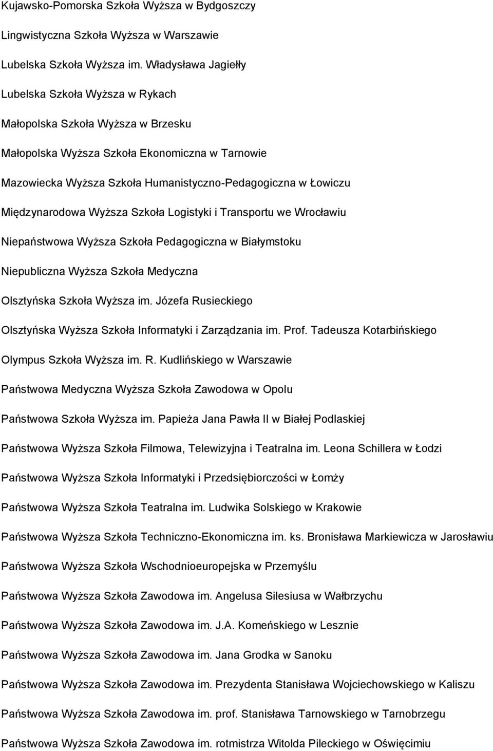 Międzynarodowa Wyższa Szkoła Logistyki i Transportu we Wrocławiu Niepaństwowa Wyższa Szkoła Pedagogiczna w Białymstoku Niepubliczna Wyższa Szkoła Medyczna Olsztyńska Szkoła Wyższa im.