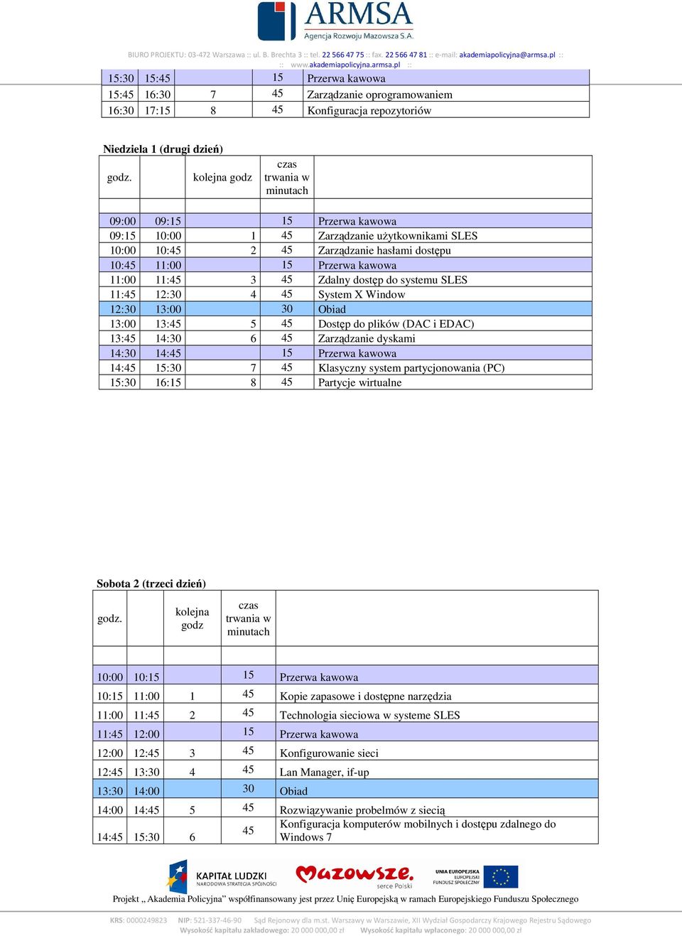 13:00 30 Obiad 13:00 13:45 5 45 Dostęp do plików (DAC i EDAC) 13:45 14:30 6 45 Zarządzanie dyskami 14:30 14:45 15 Przerwa kawowa 14:45 15:30 7 45 Klasyczny system partycjonowania (PC) 15:30 16:15 8