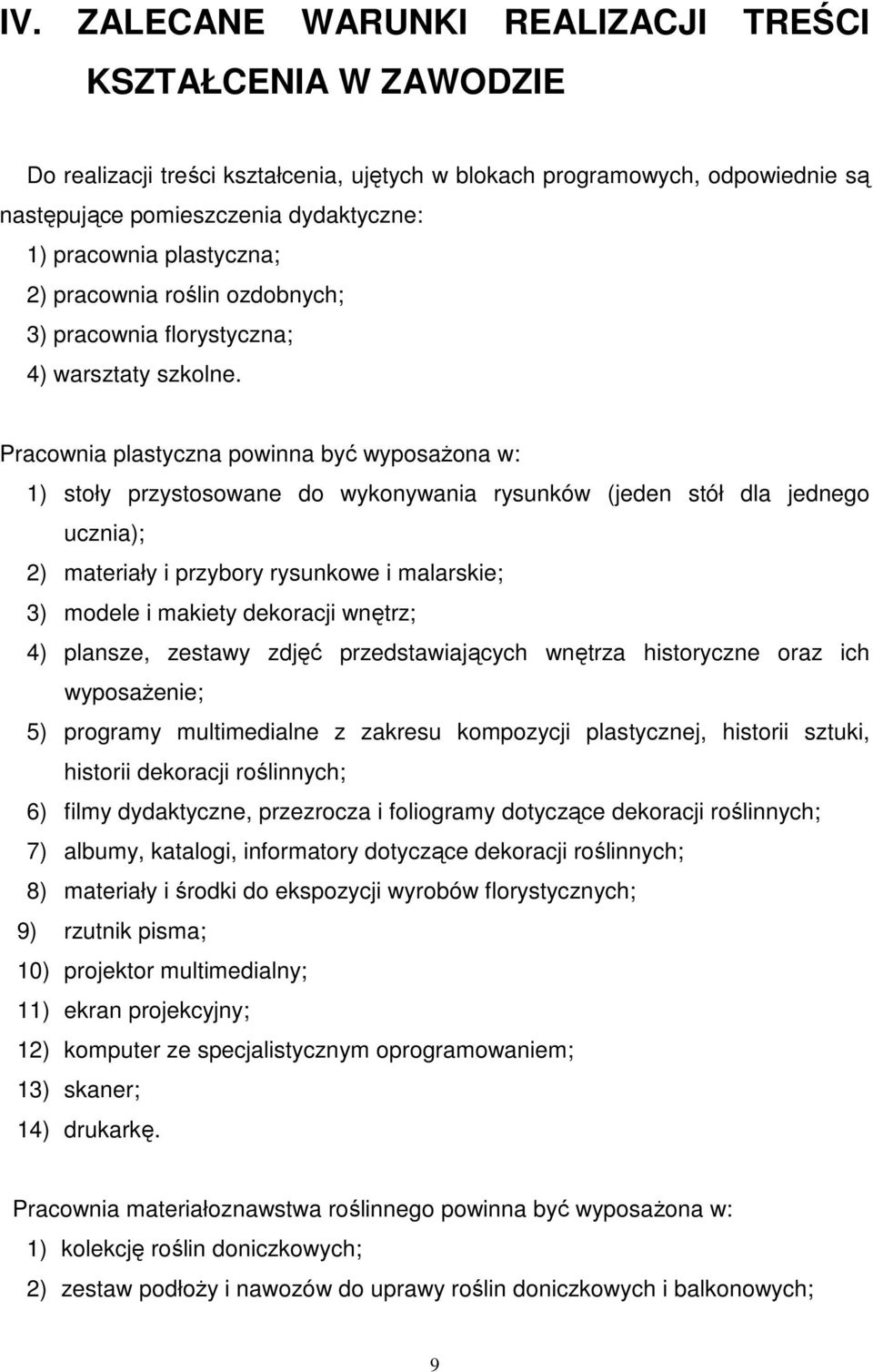 Pracownia plastyczna powinna być wyposażona w: 1) stoły przystosowane do wykonywania rysunków (jeden stół dla jednego ucznia); 2) materiały i przybory rysunkowe i malarskie; 3) modele i makiety