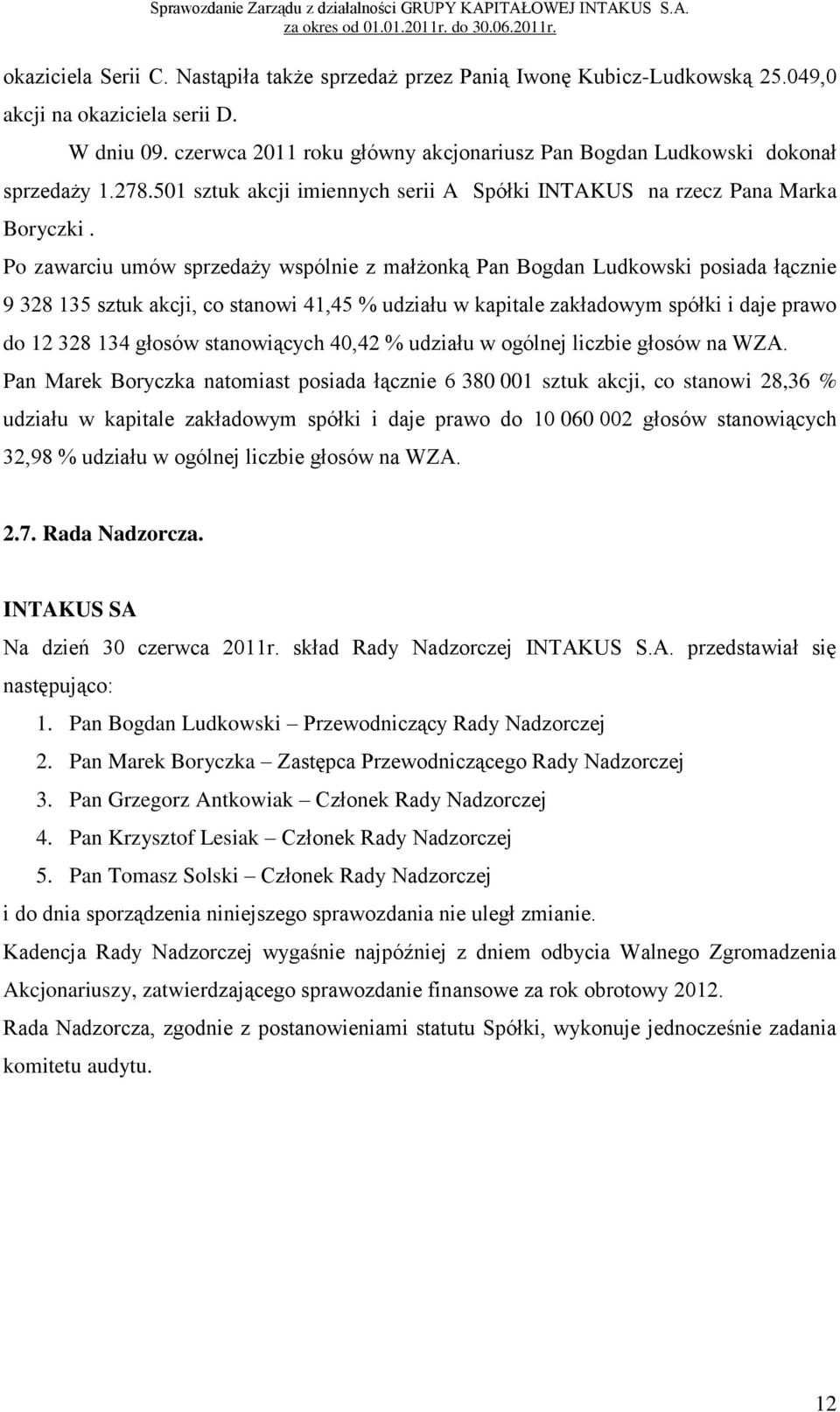 Po zawarciu umów sprzedaży wspólnie z małżonką Pan Bogdan Ludkowski posiada łącznie 9 328 135 sztuk akcji, co stanowi 41,45 % udziału w kapitale zakładowym spółki i daje prawo do 12 328 134 głosów